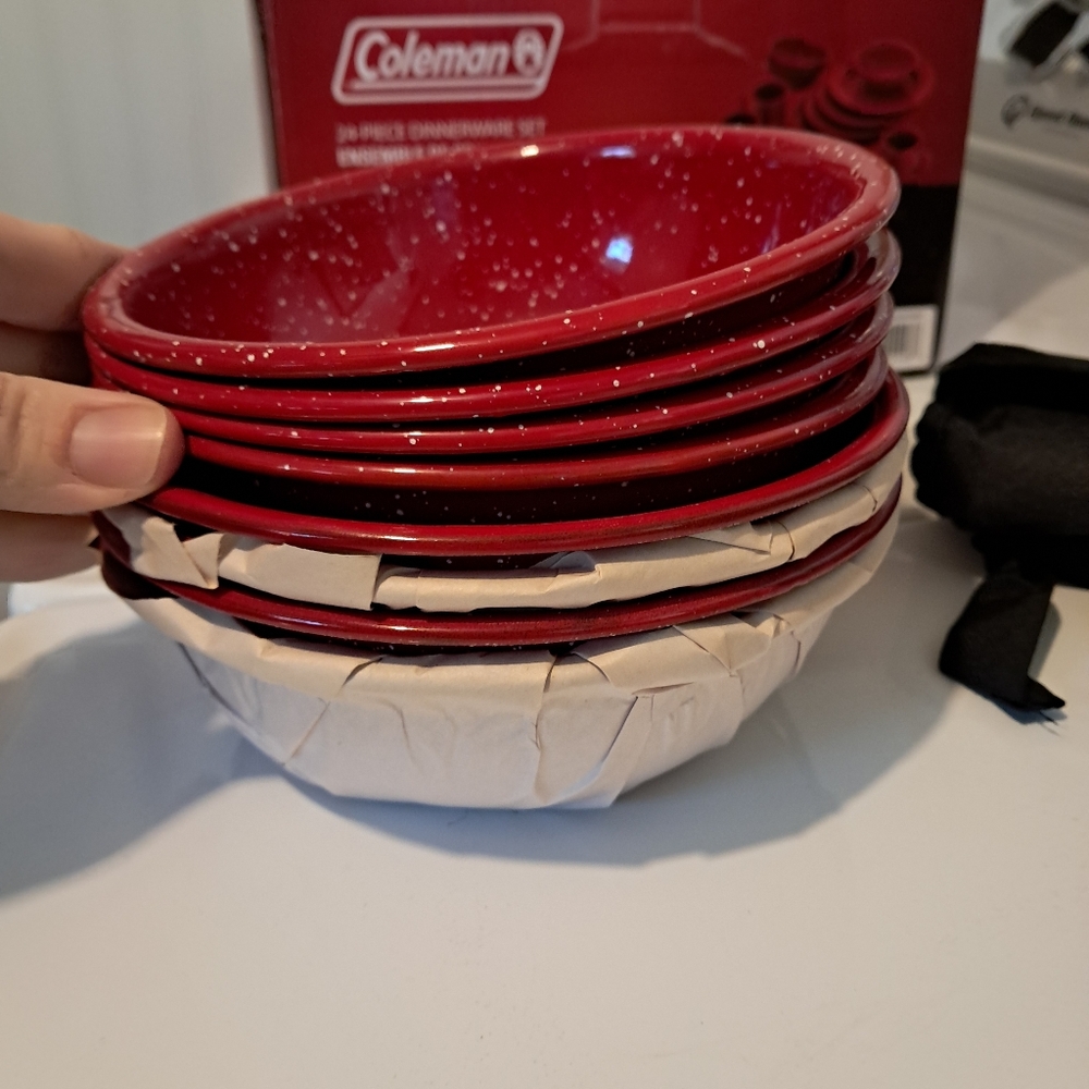 Coleman Red And White Speckled Enamelware Cereal Bowl Set/8 Vintage Retro Camp